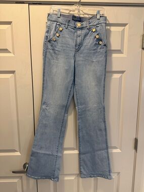 Democracy Light Blue Flare Jeans with Gold Buttons